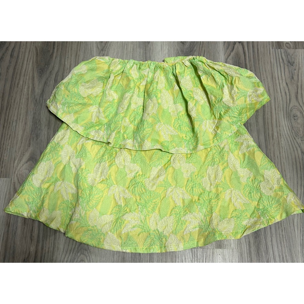 FORE Womens Strapless Ruffle Tiered Jacquard Top Dress Lime Green Floral Small